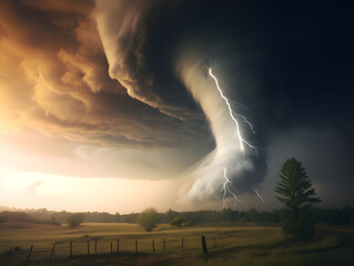 Wall Mural - tornado picture with lightning and dramatic lighting, bad weather, natural catastrophy, rain, storm 