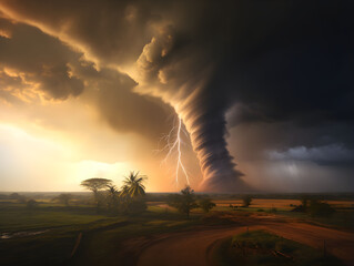Wall Mural - tornado picture with lightning and dramatic lighting, bad weather, natural catastrophy, rain, storm 