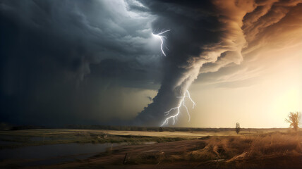 Wall Mural - tornado picture with lightning and dramatic lighting, bad weather, natural catastrophy, rain, storm 