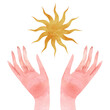 Watercolor illustration of the Sun and woman's hands. Spiritual composition isolated on a transparent background.