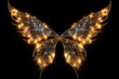 Big gold shimmering fairy wings on black background, element for masking or photo zone.