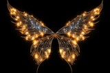 Big gold shimmering fairy wings on black background, element for masking or photo zone.