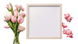 Empty photo frame with tulip flowers on a light background, minimalist