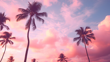 Wall Mural - Coconut palm trees on pink sky background. Vintage toned	
