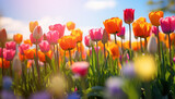Fototapeta Tulipany - Field of Blooming Colorful Tulips - Generative Ai