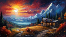 Landscape With Mountains. A Solitary House Stands In The Mountains. Bright Sunset. Landscape With Mountains And Forest.
