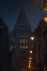 Wall Mural - Winter in Bucharest. Beautiful winter evening with city lights and landmark historical photo from Bucharest. Travel to Romania during winter holidays.