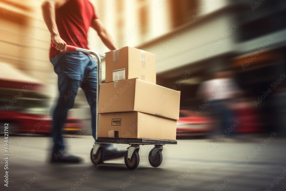Delivery man pushing a cart with cardboard boxes Stock Photo | Adobe Stock