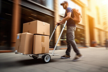 Delivery man pushing a cart with cardboard boxes