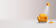 3d render illustration of armchair with lamp and ray of lights, yellow interior modern design