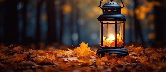 Autumn leaves illuminate lantern.