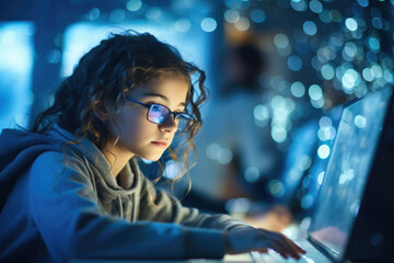 Girl near a computer with holograms, concept of the Internet, virtual reality