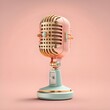 Micrófono de radio, tv show, podcast, rosa en fondo rosado, femenino . Modelo 3d render realista. Elaborado con tecnología IA
