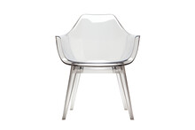 A Modern Chair Featuring Clear Acrylic Material With Steel Legs And Armrests, Complete With Transparent Seat And Backrest Panels.