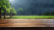 empty wooden table with rain background