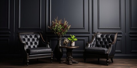 Canvas Print - Black armchairs and coffee table in a timeless interior.