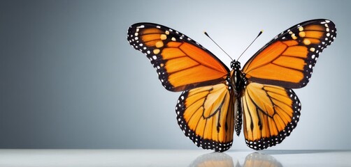  a large orange butterfly sitting on top of a white table next to a black and white photo of it's wings.