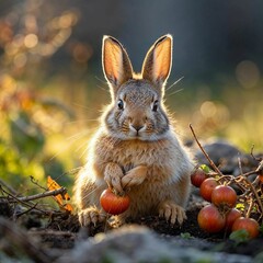 Wall Mural - A tiny bunny sits amidst the field, nibbling on fresh vegetables, creating a charming Easter scene with a natural Easter bunny in a serene countryside setting