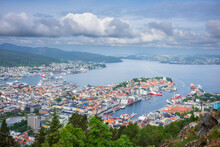 The View From Mount Floyen Overlooing The  City Of Bergen, Norway, Taken In The Summer.