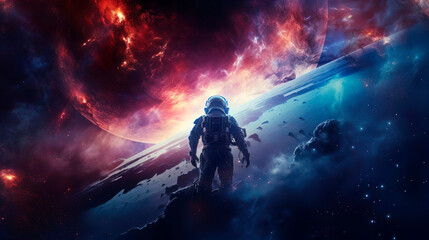 Wall Mural - An astronaut in space suit and helmet on an alien wild planet. Scientific expedition mission flight to new planet and star. Space tourism of the future. Discovering new spaces in the universe.