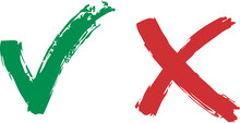 Tick And Cross Sign Hand Drawn In High HD Resolution On Transparent Background. Good For Vote, Election Choice, Check Marks, Approval Signs. Red X And Green OK Symbol Icons. PNG  Format.
