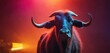  a bull with long horns standing in front of a red and blue light in a room with red and pink lights.
