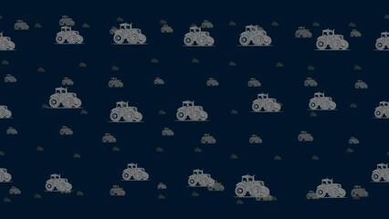 Poster - Tractor symbols float horizontally from left to right. Parallax fly effect. Floating symbols are located randomly. Seamless looped 4k animation on dark blue background