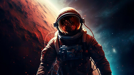 Wall Mural - Mission flight to new galaxy and stars. Scientific expedition into deep space in order to search for new planets adapted for human life. An astronaut discovers new places in the universe. Cosmic