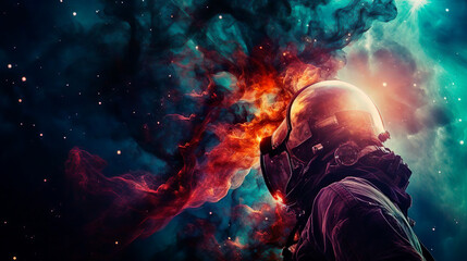 Wall Mural - Mission flight to new galaxy and stars. Scientific expedition into deep space in order to search for new planets adapted for human life. An astronaut discovers new places in the universe. Cosmic