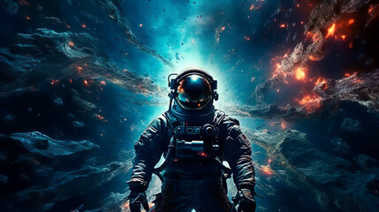 Wall Mural - Mission flight to new galaxy and stars. Scientific expedition into deep space in order to search for new planets adapted for human life. An astronaut discovers new places in the universe. Cosmic