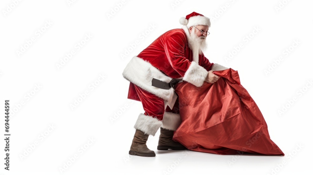 Santa Claus pulling huge bag of presents isiolated on white background ...