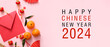 Greeting banner for Happy Chinese New Year 2024 with symbols on pink background