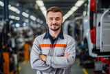 Fototapeta  - Portrait of worker standing in modern factory for cars, Automotive production line. New electric cars industry.