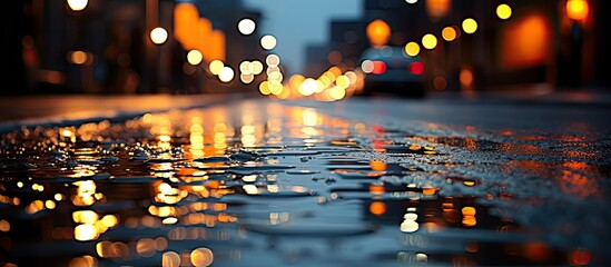 Wall Mural - Blurry night road with raindrops rippling in a puddle.