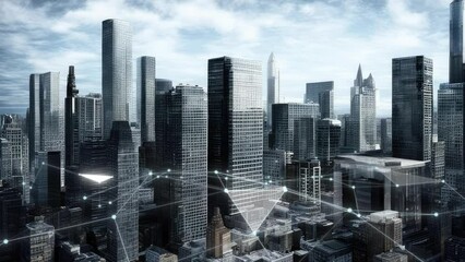 Modern smart city of the future 5G network communication concept. Artificial intelligence, cloud computing, big data communication, wireless network, mobile technology, internet of things