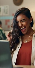 Poster - Face, winner and laptop with working and success in a home office with a business woman. Internet, web research and motivation with online project win for digital company with tech and computer