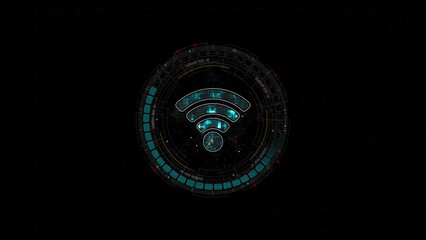 Poster - Motion graphic of Blue digital WIFI logo and circle futuristic HUD elements with data transfer and Wireless Fidelity connection concepts on abstract background