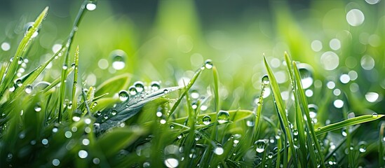 Wall Mural - Morning dew on green grass.