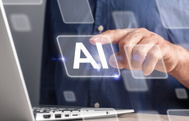 Poster - Work with AI online, cyberspace, virtual technology, Artificial intelligence