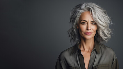 Wall Mural - Generative AI image of woman with gray hair standing on grey background
