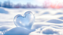 Shiny Heart Of Ice On The Snow At Sunny Winter Morning. Valentine S Day, Love Background For Design With Copy Space.Generative AI 