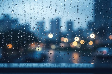 Poster - A rain covered window with a view of a city in the background. This image can be used to depict a rainy day in the city