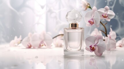 Poster - A bottle of perfume sitting on top of a table. This image can be used for showcasing beauty products or in a lifestyle blog post about fragrances