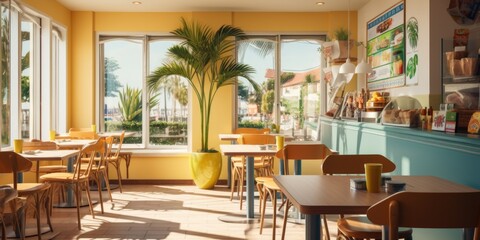 Poster - A view of a restaurant with tables and chairs set up in front of a large window. Perfect for showcasing the ambiance and setting of a dining establishment