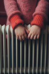 Poster - Child's hands resting on a warm radiator, providing comfort on a cold day. Suitable for home and family-related projects