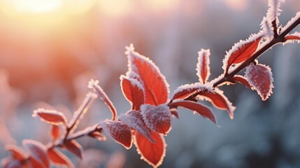 Poster - A close-up view of a plant covered in frost. This image can be used to depict the beauty of winter or the coldness of the season