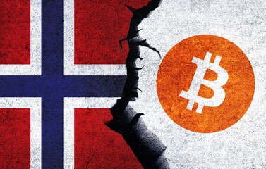 Wall Mural - Bitcoin and Norway flag on a wall with a crack. Norway Bitcoin banned, not legal, stack, illegal, blockchain technology for crypto currency concept