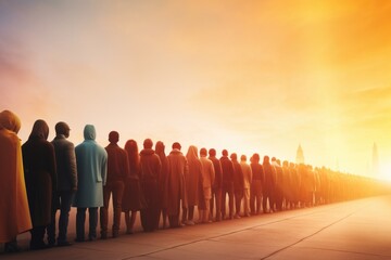 Poster - A large group of people standing in a line. This image can be used to represent teamwork, unity, waiting in line, or organized events