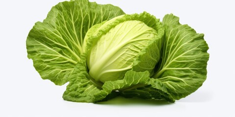 Poster - A close-up photo of a fresh head of lettuce resting on a clean white surface. Perfect for food-related projects and healthy eating concepts