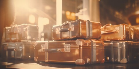 Poster - A pile of luggage sitting on top of a wooden table. Perfect for travel and adventure concepts